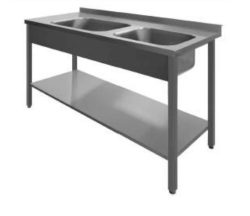 Steel table with 2 sinks and lower shelf, PSL2, 600mm deep in many lengths