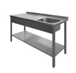 Stålbord med vask og underhylde, PSL1, 600mm dyb i mange længder