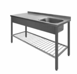 Steel table with sink & ribbed lower shelf, 600mm deep, many lengths