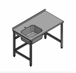 L:1600/D:700 Fuldsvejst stålbord m/ træindlæg BASIC med vask i venstre side uden underhylde, Vask på 500x400x250