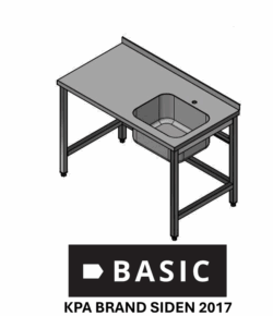 Fuldsvejst stålbord L:1000/D:700 m/ træindlæg BASIC med vask i højre side uden underhylde, Vask på 500x400x250