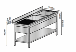Stålbord 160/70 m/2 vaske i HØJRE side, Tecnodom