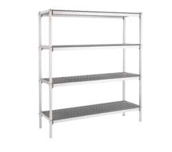 Alu reol t/ fødevarer 1190x500x1750, 4 niveauer m/ aftagelige plastsektioner