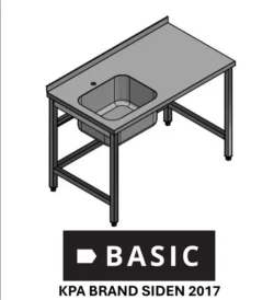 L:2800/D:700 Fuldsvejst stålbord m/ træindlæg BASIC med vask i venstre side uden underhylde, Vask på 500x400x250