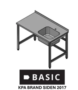 L:2400/D:700 Fuldsvejst stålbord m/ træindlæg BASIC med vask i højre side uden underhylde, Vask på 500x400x250